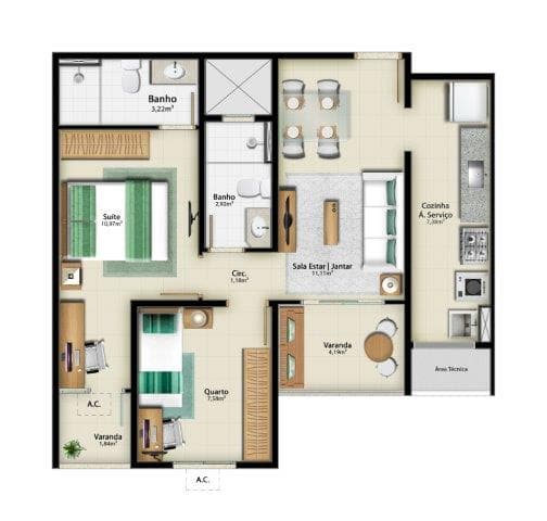 <p>2 Qtos com suíte – 59,59m² – Apto 09 Torre A / Apto 05 Torre B</p>