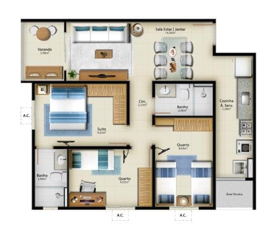 <p>3 Qtos com suíte – 71,24m² – Apto 01 e 04 Torre A / Apto 01 e 04 Torre B</p>