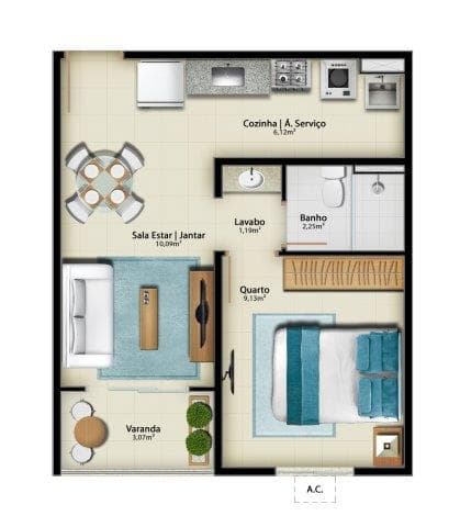 <p>1 Qto – 36,34m² – Apto 07 Torre A /Apto 07 Torre B</p>